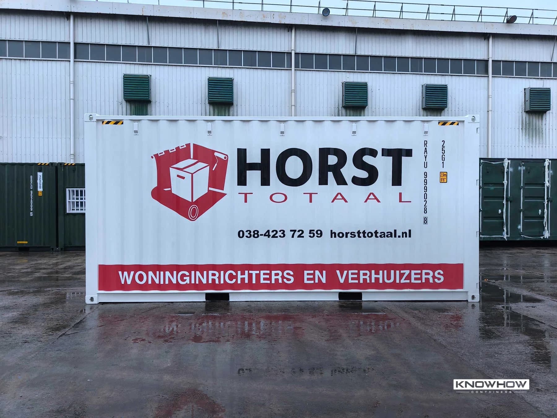 Side view of the white Horst Totaal branded 20ft high-cube moving container