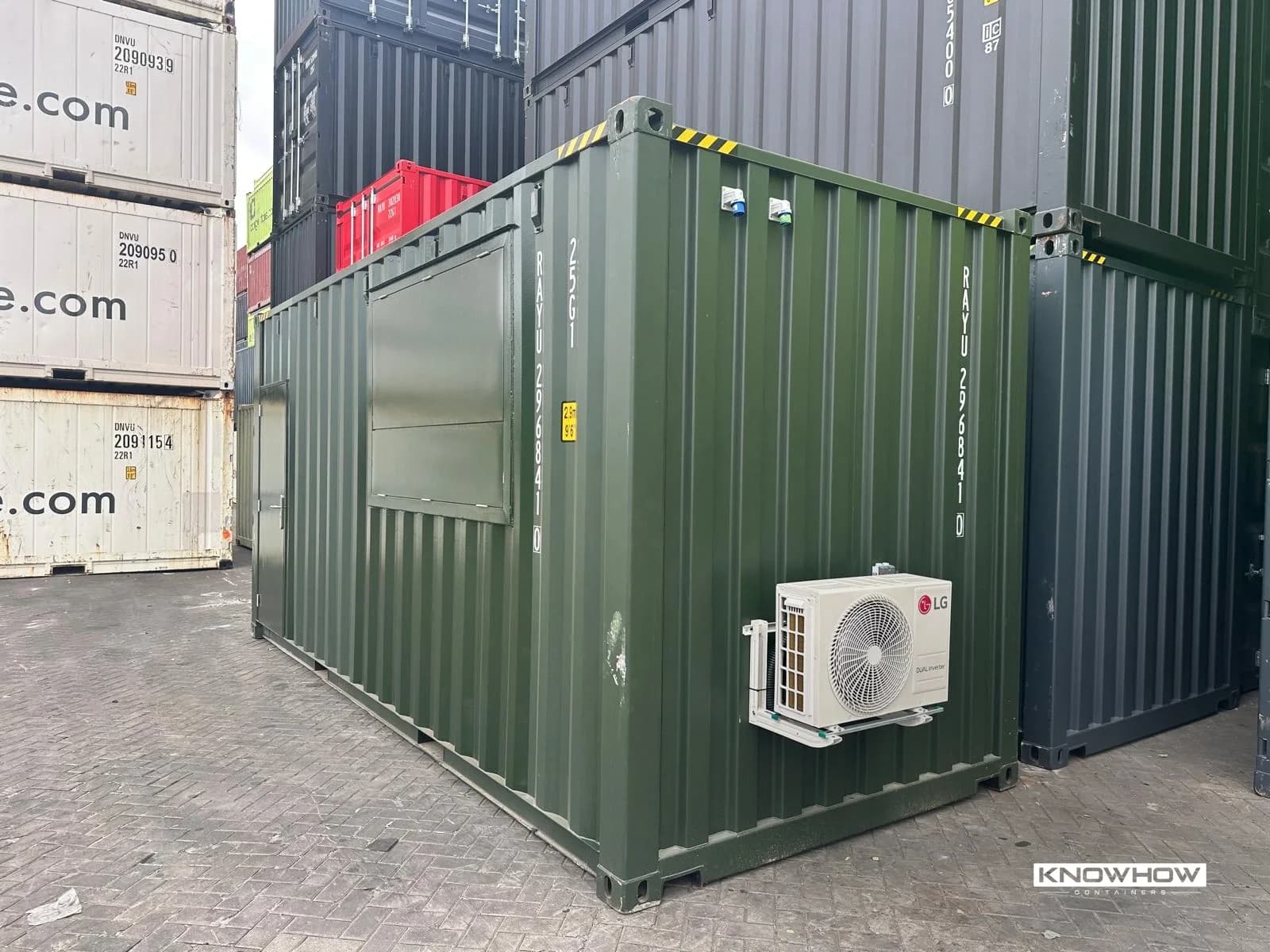 RAL 6007 20ft High Cube equipment storage container with side access hatch and external air-conditioning unit