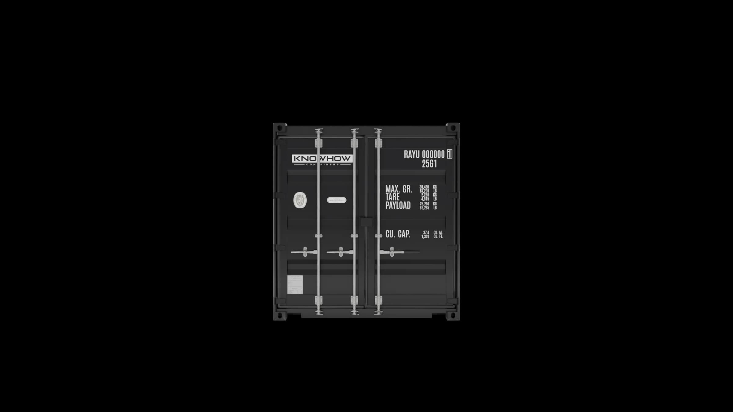 Front view of a black 20ft dry van shipping container showing double cargo doors with locking bars, hinges, and visible markings including RAYU 000000 25G1, MAX. GR., TARE, PAYLOAD, and CU. CAP. specifications.