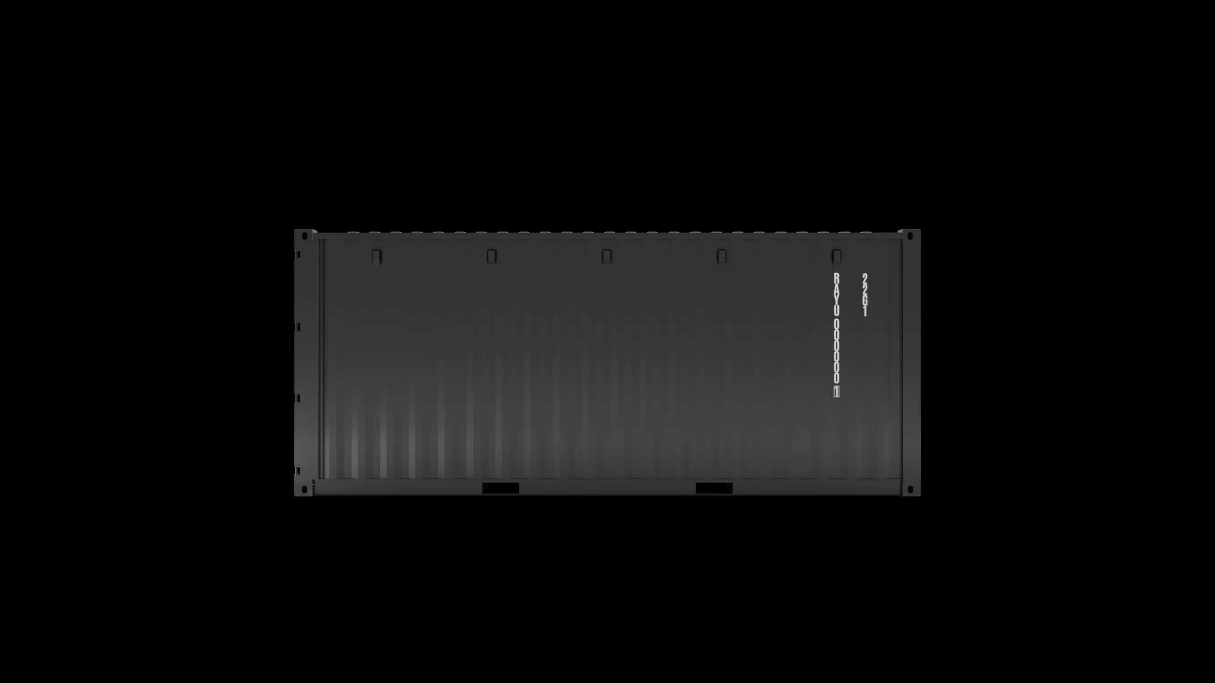 Right-side view of a dark grey 20ft dry van container, showing corrugated side wall with vertical text and identification markings.