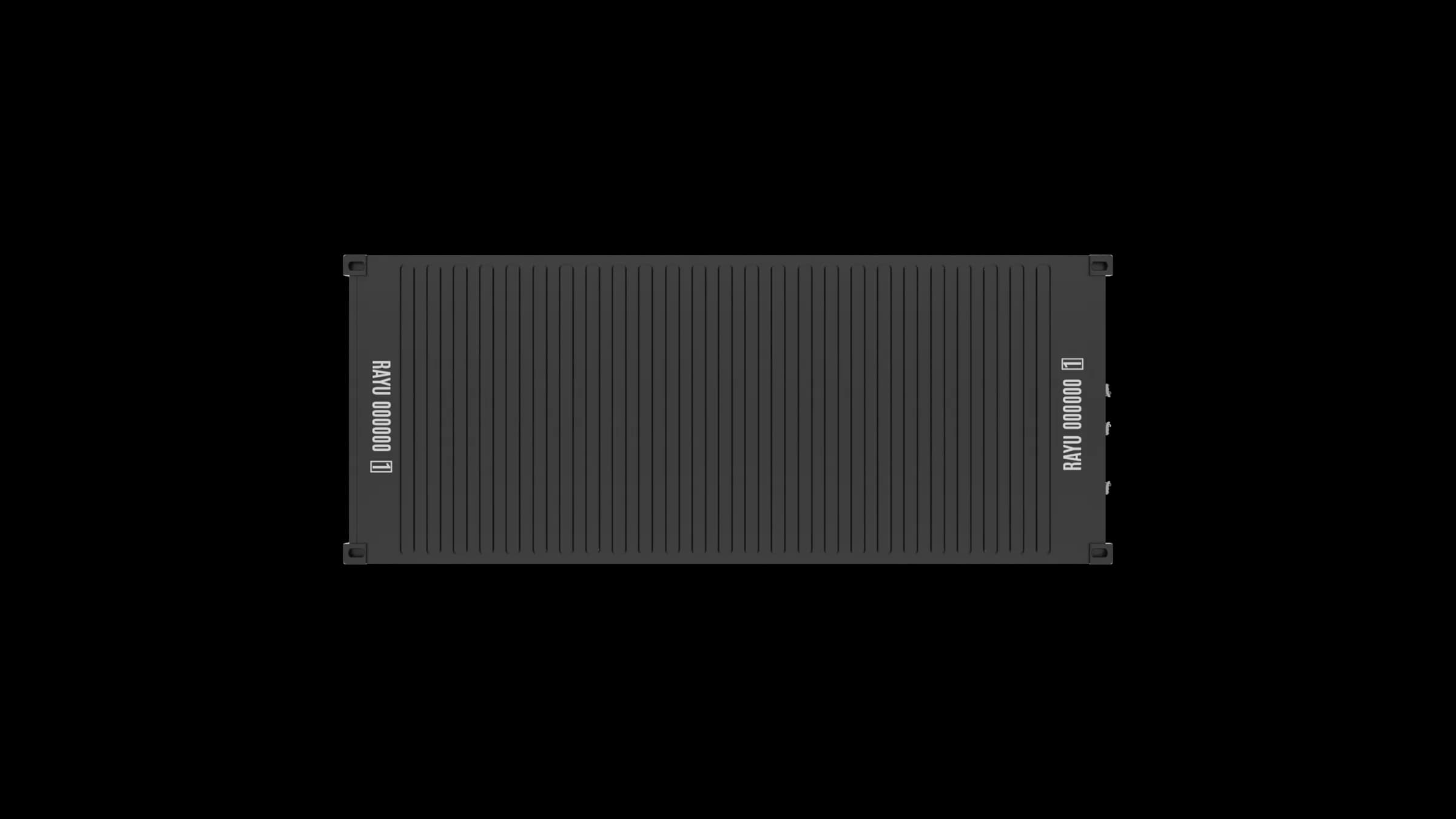 Top-down view of a 20ft dry van container showing corrugated roof panel with RAYU 000000 markings on both ends.