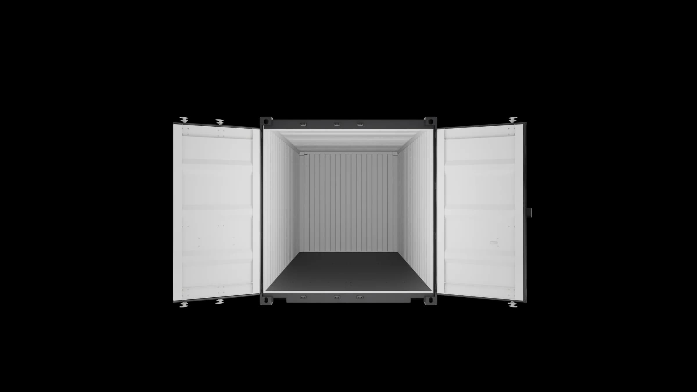20ft dry van container with both cargo doors fully open, viewed from the door end, showing the empty interior with corrugated walls and dark floor.
