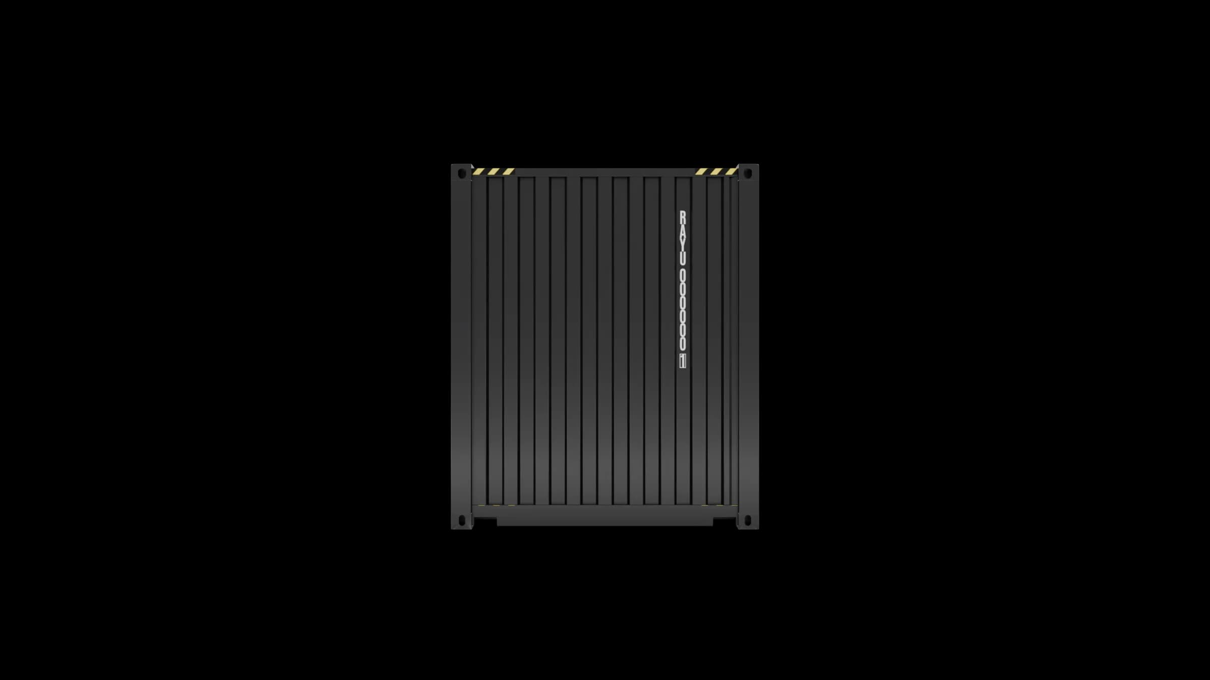 20ft high cube container rear view showing closed corrugated end panel with vertical ribs, black finish, and yellow-black corner markings.