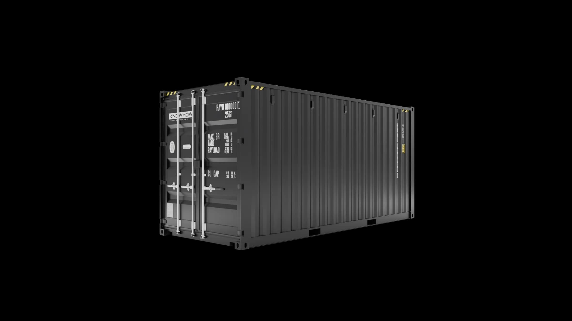 20ft high cube shipping container in dark grey, front-right corner view showing door end with locking bars, handles, and side wall with corrugation.