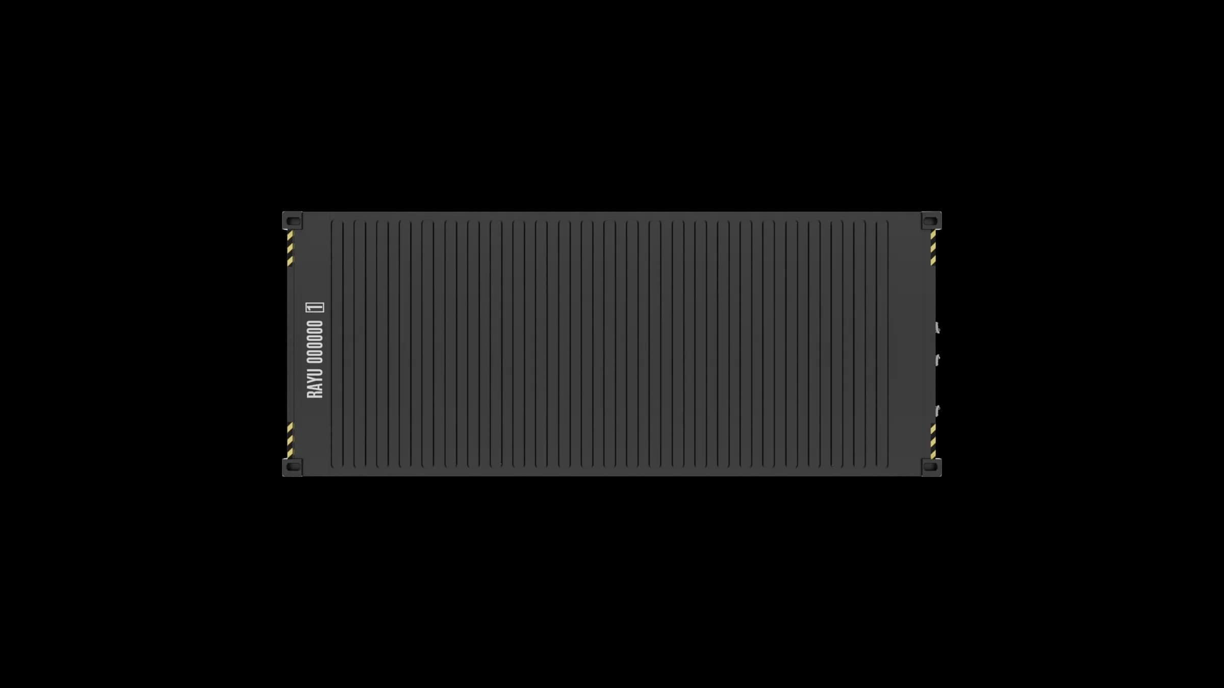 Top-down view of a dark grey 20ft high cube shipping container showing corrugated roof and corner castings with yellow-black hazard stripes.