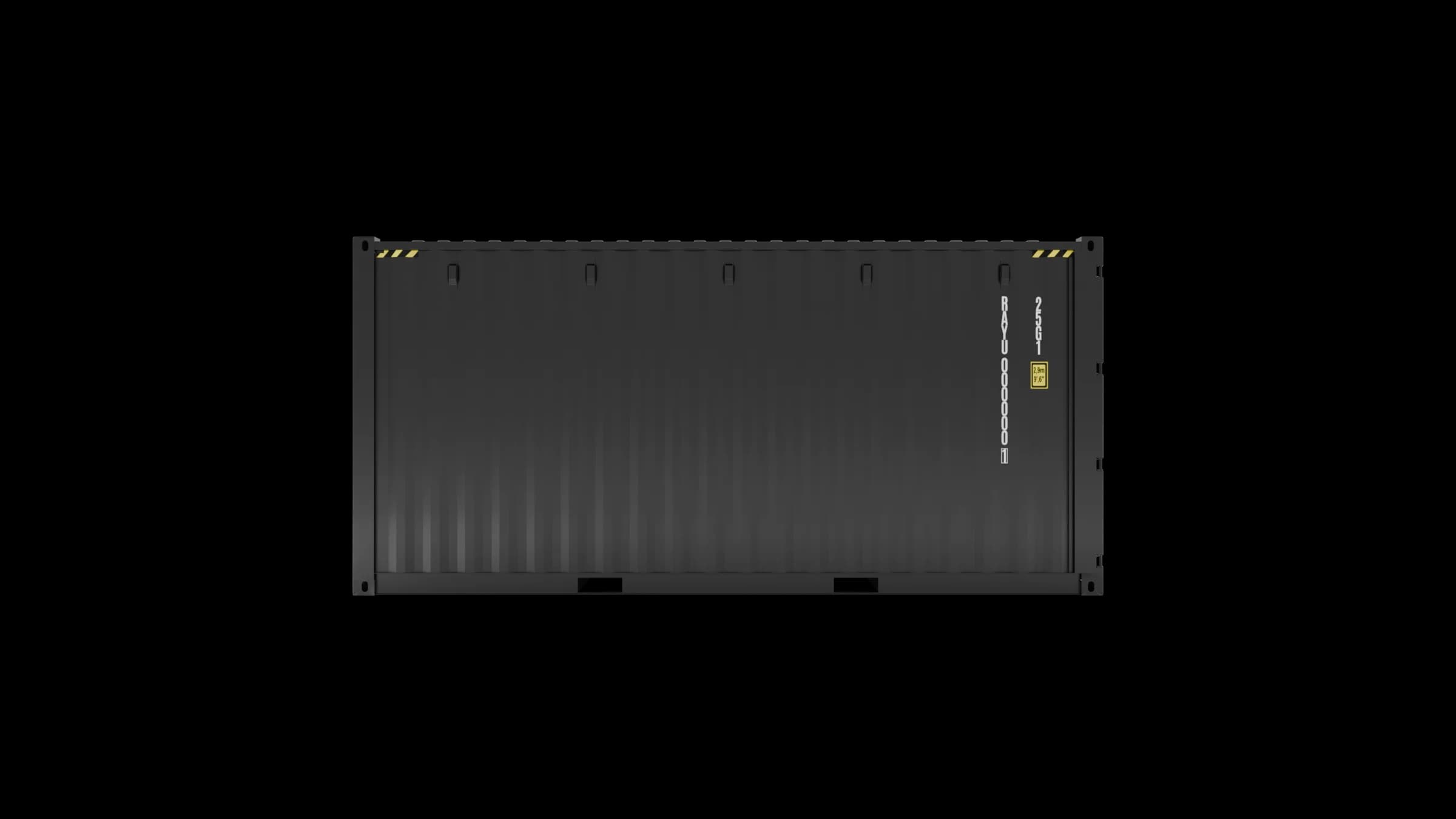 Left-side view of a 20ft high cube container in dark grey, showing corrugated side wall with height marking and identification codes.