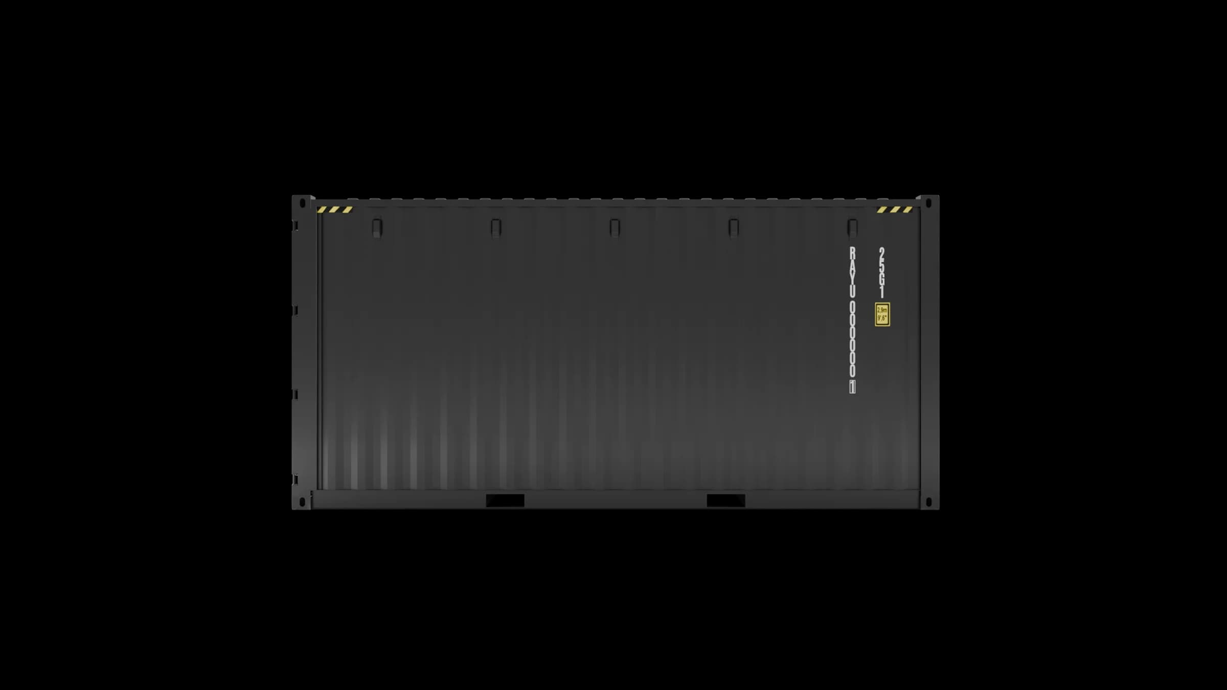 Right-side view of a 20ft high cube container in dark grey, showing corrugated side wall with container number and height marking.