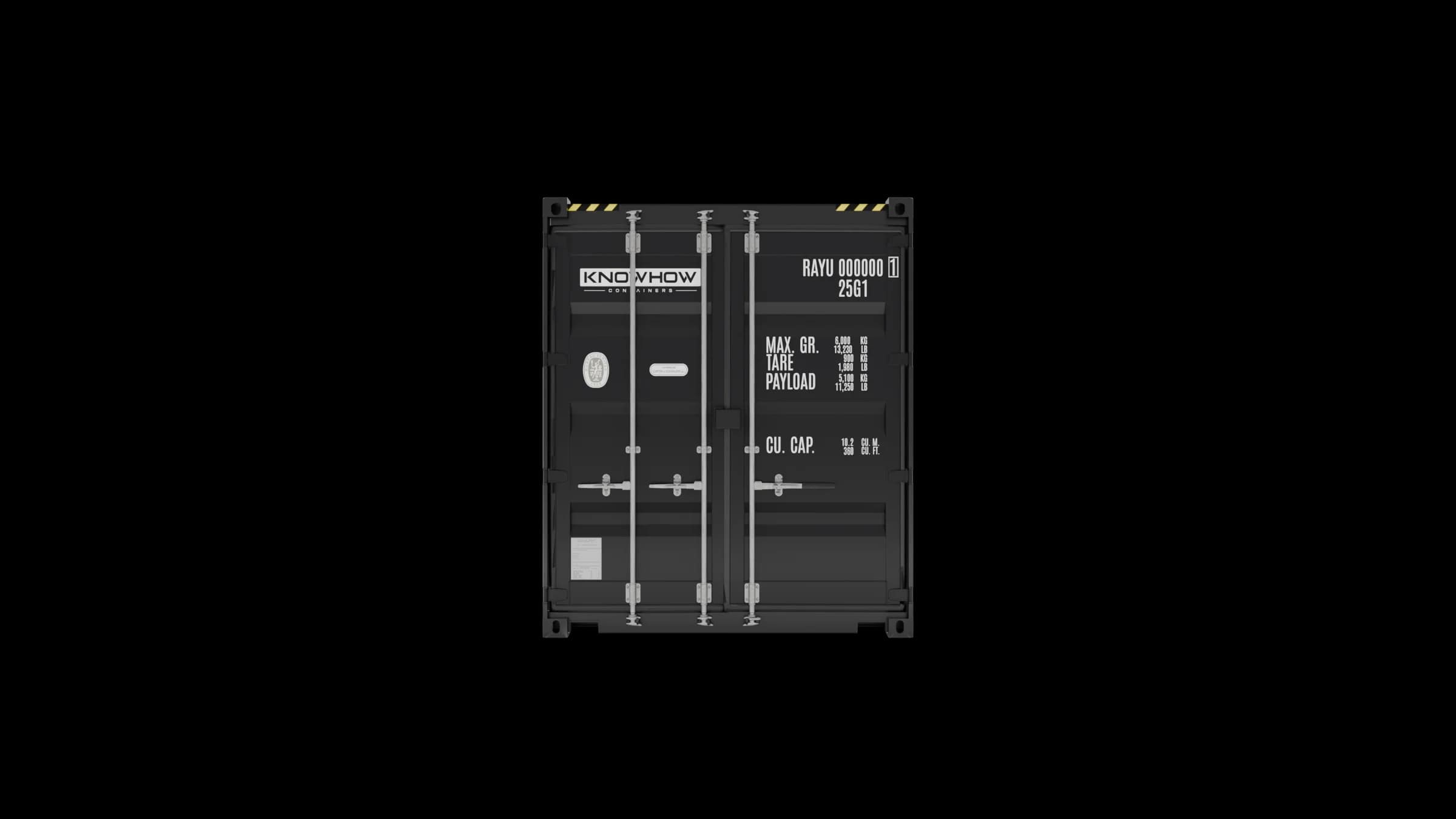 Front view of a black 20ft high cube shipping container showing closed double cargo doors with locking bars, hinges, and technical markings.