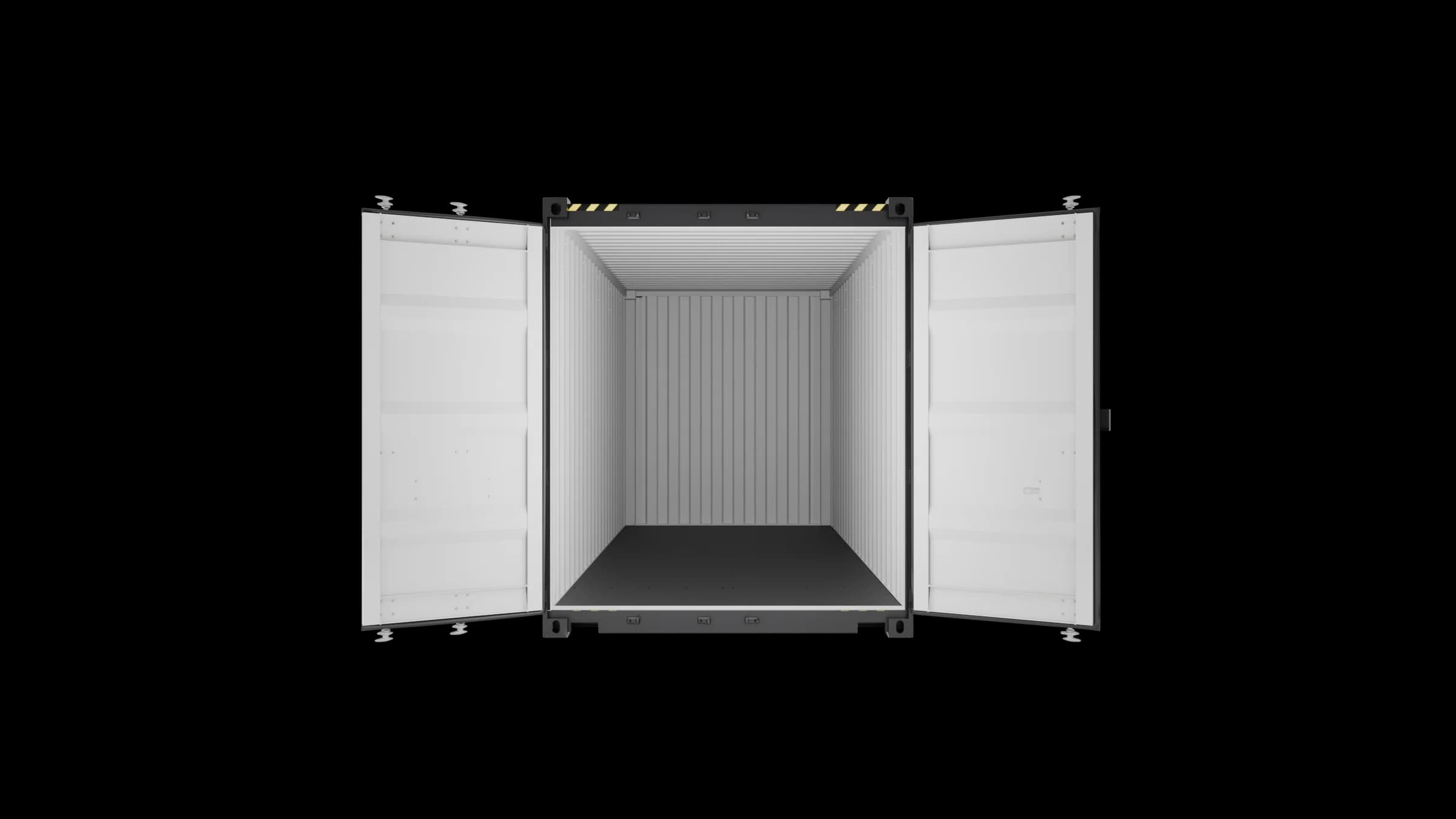 Front view of a 20ft high cube shipping container with both doors fully open, showing the empty white interior and dark floor, photographed straight-on against a transparent background.