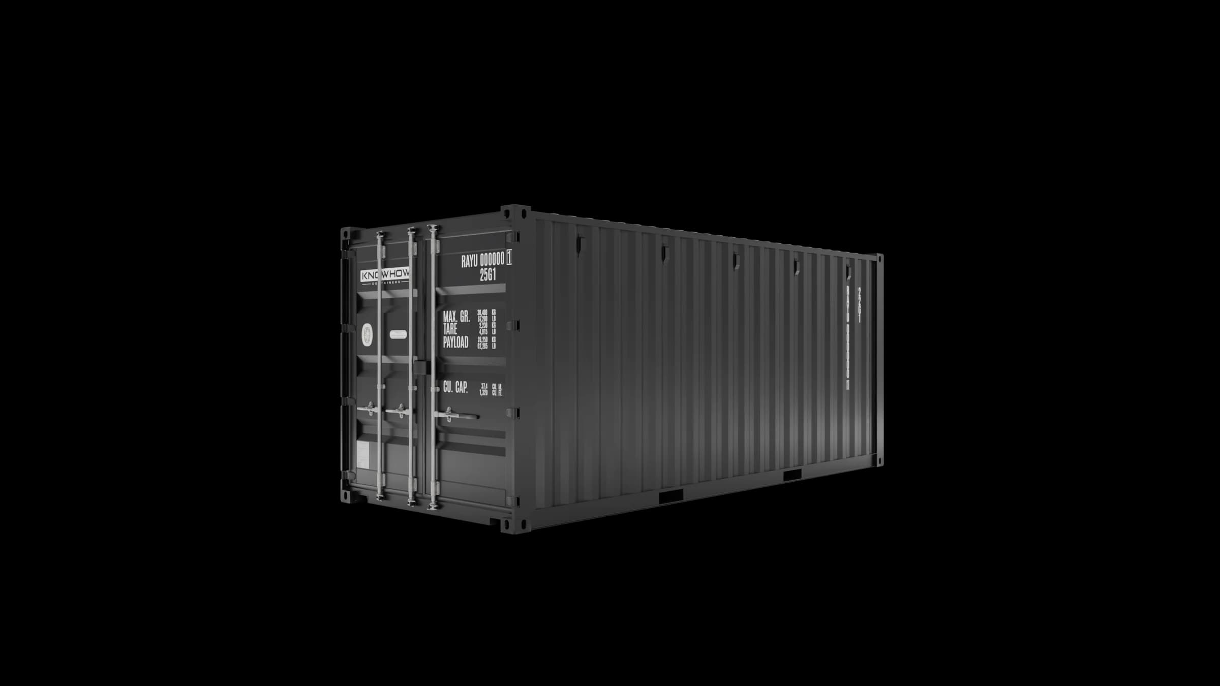 20ft dry van container in dark grey, front-right corner view showing door end with locking bars, hinges, and container markings.